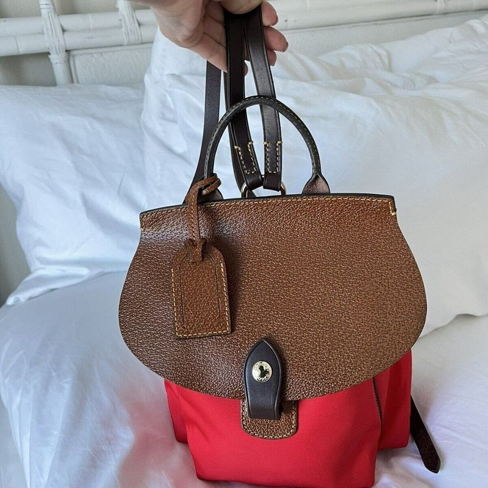 Dooney & Bourke Backpack Saddle Bag~ Red Canvas With Leather~